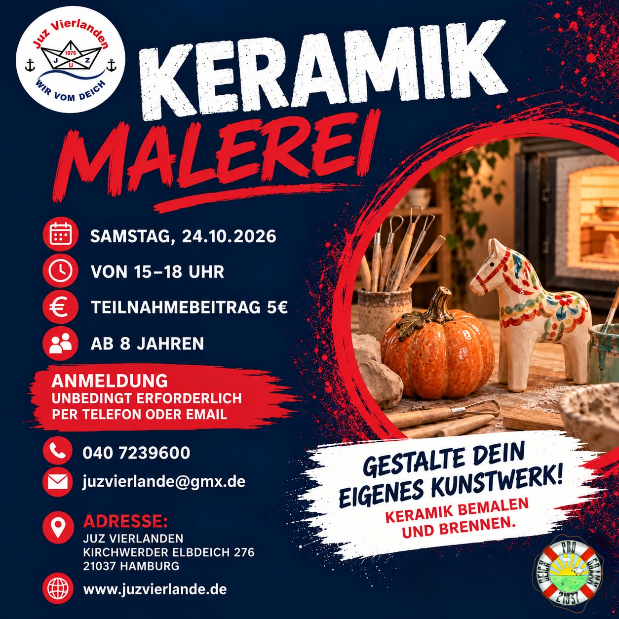 Flyer Keramik Malerei – Samstag 24.10.2026 von 15-18 Uhr im JuZ Vierlanden