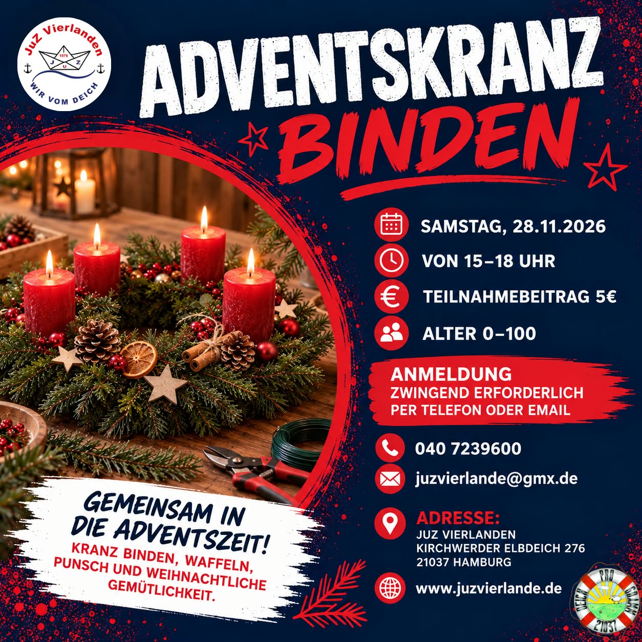 Flyer Adventskranz Binden – Samstag 28.11.2026 von 15-18 Uhr im JuZ Vierlanden